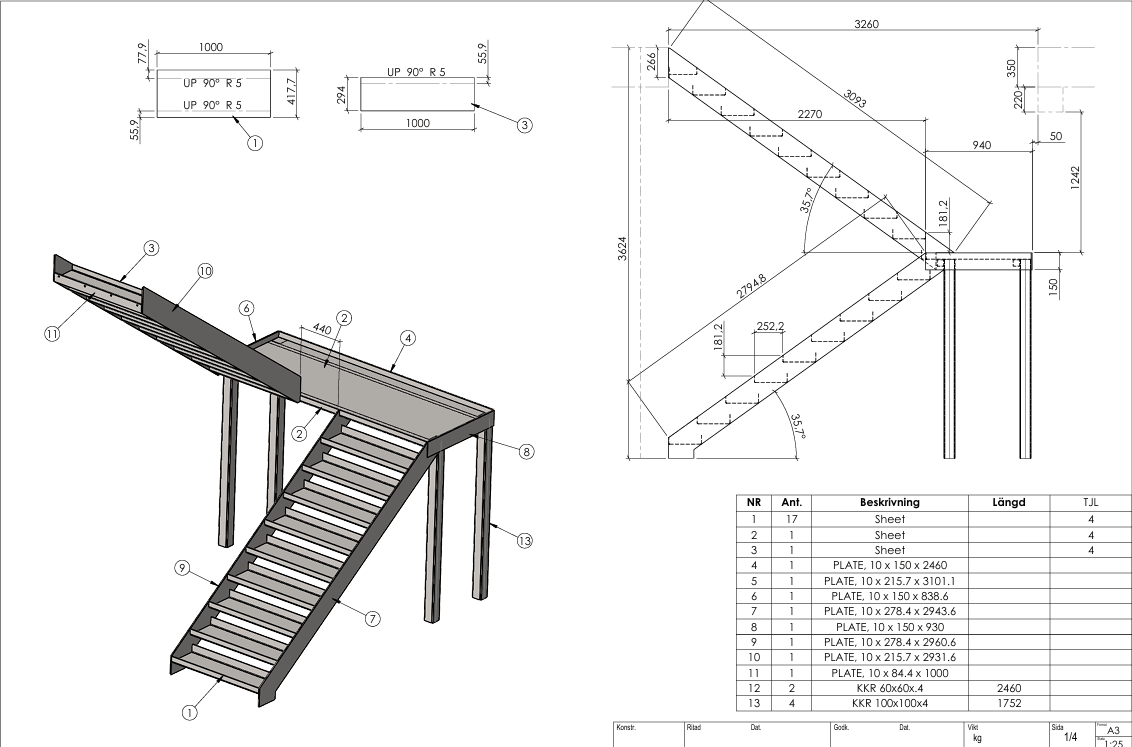 Ingenjörstjänster tekniska ritningar av en spiraltrappa med dimensioner och materialspecifikationer.