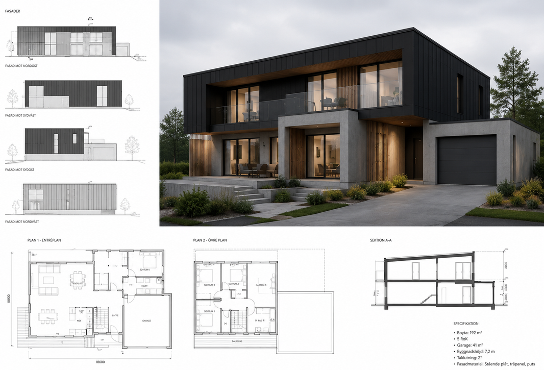 Arkitektritningar och 3D-visualisering för modernt designhus