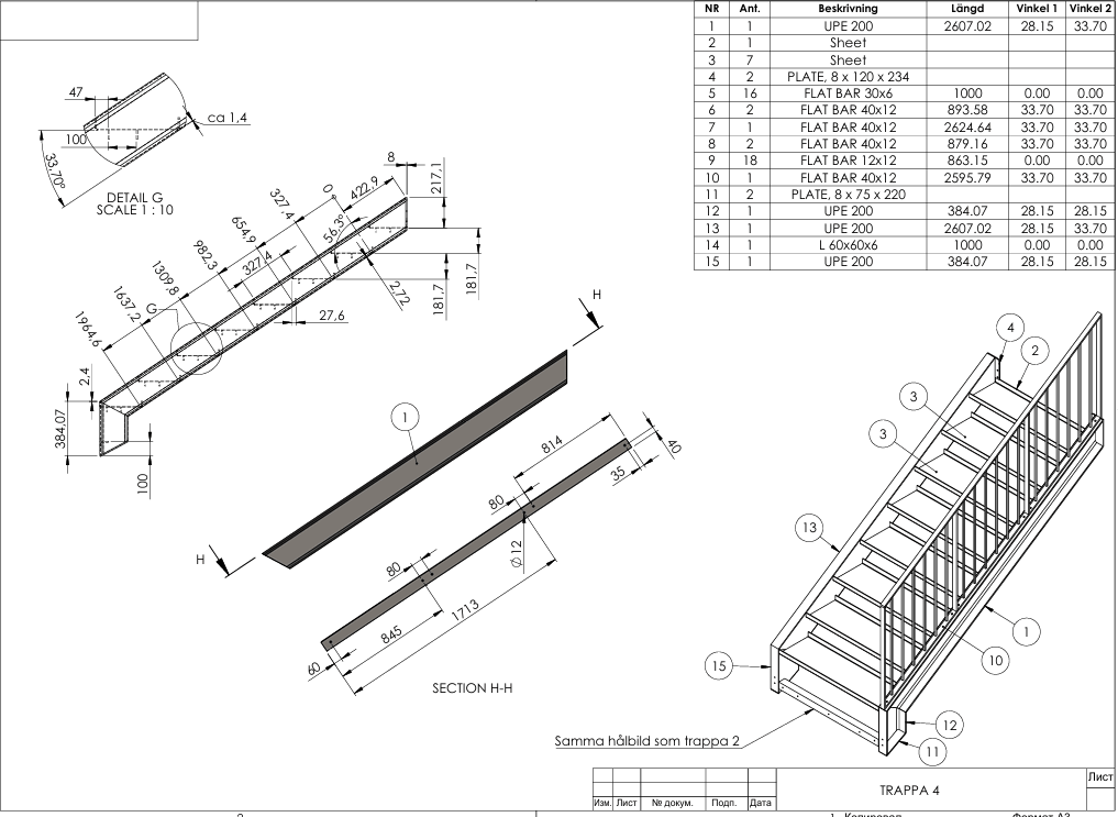 Tillverkningsritningar för trappa med detaljerade dimensioner och CAD-underlag från CC Metall AB.