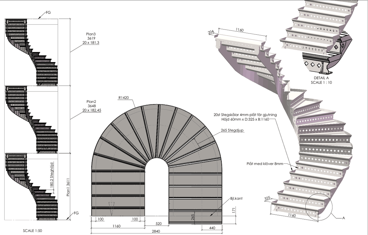 CAD-ritningar som visar detaljerade byggplaner för en spiraltrappa med mått och proportioner.