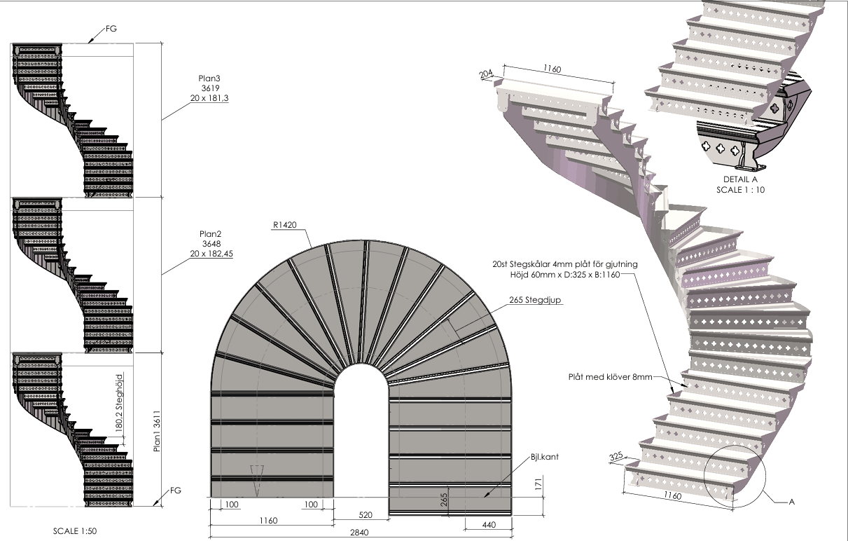 CAD-ritningar som visar detaljerade byggplaner för en spiraltrappa med mått och proportioner.