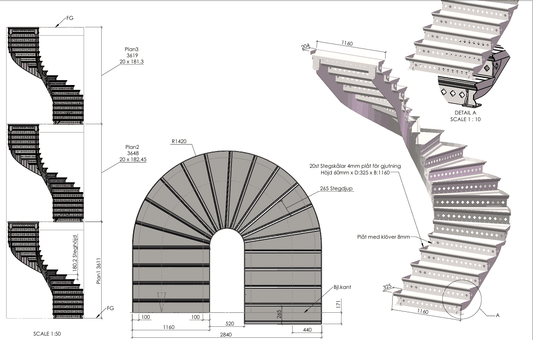 CAD-ritningar som visar detaljerade byggplaner för en spiraltrappa med mått och proportioner.